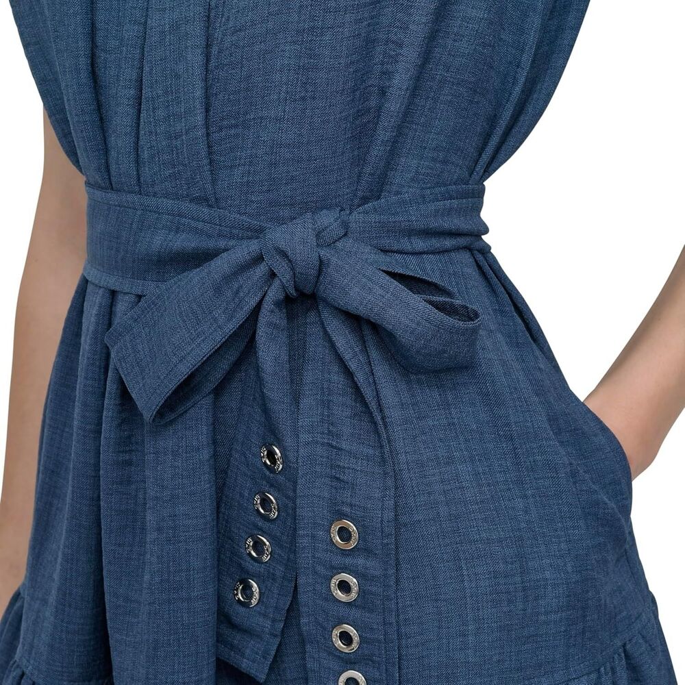 DKNY Women's Fit & Flare Mini Dress Size 10 Denim Blue Sleeveless Jewel Neck - Picture 5 of 6